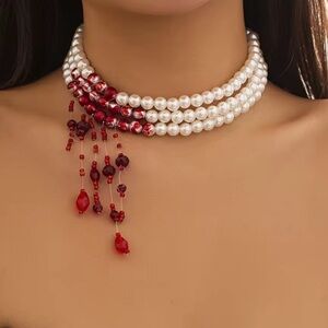 Halloween gothic unique Pearl and Red Bead Necklace